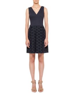 Womens V Neck Dress with Pleated Lace Skirt, Navy   Akris punto   Navy (16)