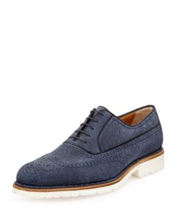Mens Rubber Sole Wing Tip Oxford, Navy   A.Testoni   (8 1/2)