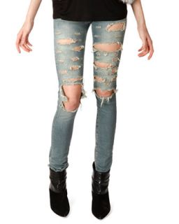Womens Distressed Skinny 5 Pocket Jeans   Saint Laurent   Super destroyed (28)
