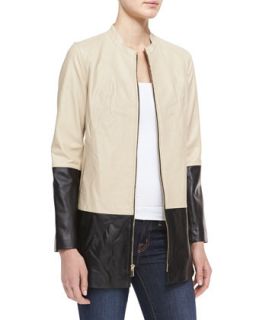 Womens Long Colorblock Leather Jacket   Khaki/Black (X LARGE(16 18))