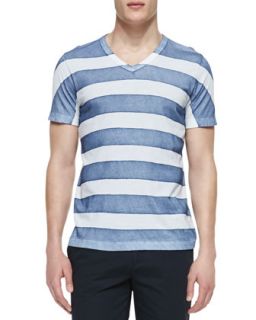 Mens Thick Striped Pima V Neck Tee   Theory   Blue and white (XX LARGE)