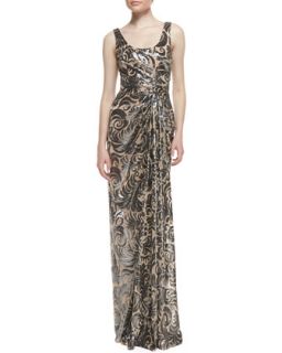 Womens Sleeveless Off Center Pleated Beaded Gown, Nude/Black   David Meister  