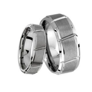 His & Her's 8MM/6MM Brushed Center With Grooved Cut Tungsten Carbide Wedding Band Ring Set (Available Sizes 5 14 Including Half Sizes) Please e mail sizes Jewelry