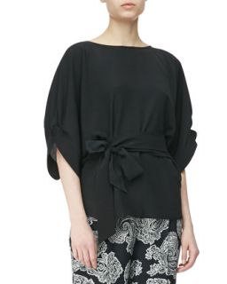 Womens Crepe de Chine Puff Sleeve Blouse with Tie Waist   Etro   Black (42/8)