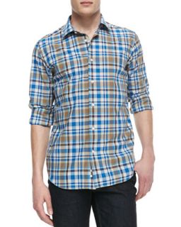 Mens Cotton Linen Plaid Shirt, Blue   Blue (XL)
