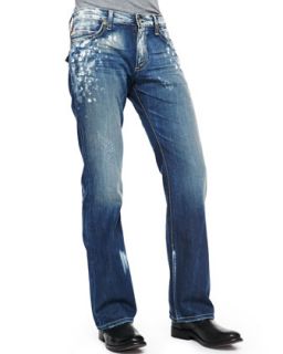 Mens Paint Splatter Boot Cut Jeans   Robins Jean   Blue (33)