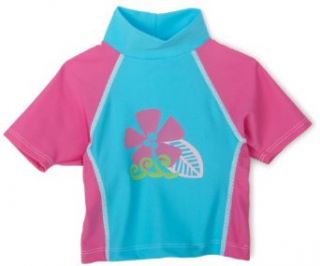 Flap Happy Girls Surf Paradise Screen Print Colorblock Rash Guard Shirt, Azure/Azalea, 12 Months Clothing