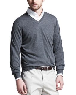 Mens Fine Gauge Tipped V Neck Sweater, Gray   Brunello Cucinelli   Medium grey