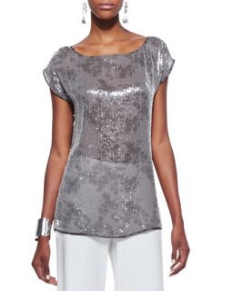 Womens Clear Sequined Short Sleeve Top, Petite   Eileen Fisher   Rye (PL