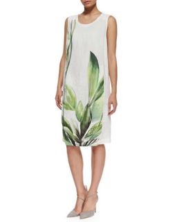 Dossier Leaf Print Linen Dress, Womens   Marina Rinaldi   White (12W)