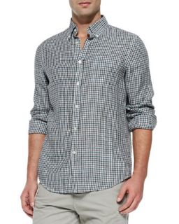 Mens Check Button Down Linen Shirt, Teal   Vince   Teal (X LARGE)