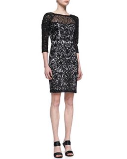 Womens 3/4 Sleeve Embroidered Lace Cocktail Dress, Black/White   Sue Wong  