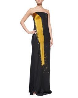 Womens Printed Strapless Column Gown, Black/Gold   Donna Karan   Black/Antique