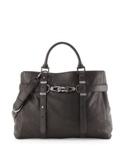 Hutton Large Belted Leather Satchel Bag, Black   Rachel Zoe