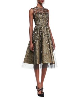 Womens Metallic Embroidered Overlay Dress   Oscar de la Renta   Gold (4)