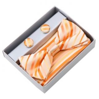 Orange Stripes Silk Pre tied Bow tie, Cufflinks, Hanky Gift Box Set coral gift for him Pointe BT2065 One Size Coral at  Mens Clothing store