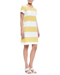 Womens Striped Pique Short Sleeve Dress, Petite   Joan Vass   Sunset/Brt wht