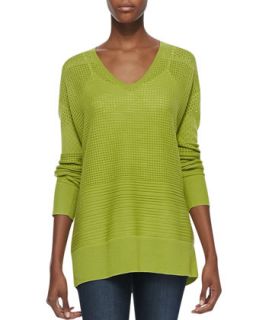 Womens Perforated V Neck Sweater, Apple Green   Halston Heritage   Apple green
