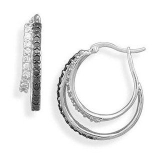 Black and Clear CZ Double Hoop Clip Back Earrings Rhodium Over Sterling silver Jewelry
