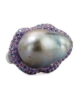 Gray Pearl Halo Ring with Blue and Purple Sapphire   Eli Jewels   Sapphire (7)