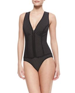Womens Perforated Front Zip One Piece   Karla Colletto   Black (14)