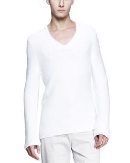 Mens Long Sleeve V Neck Sweater, White   Maison Martin Margiela   White (X 