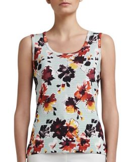 Womens Modern Floral Printed Welt Knit Scoop Neck Shell   St. John Collection  