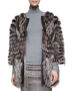 Womens 3/4 Sleeve Fox Fur & Tulle Coat   Arzu Kaprol   Gray/Brown (42/10)
