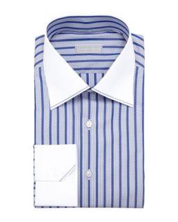 Mens Contrast Collar Dash Striped Dress Shirt, Blue   Stefano Ricci   Blue