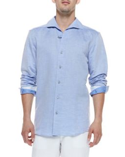Mens Linen/Cotton Casual Shirt, Light Blue   Ermenegildo Zegna   Blue (XL)