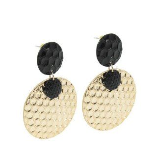 Round Pandent Ear Ornament Earbobs Earrings Gold Tone Black Pair for Ladies Jewelry