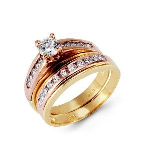 14k Yellow Rose Gold Round CZ Channel Wedding Ring Set Jewelry