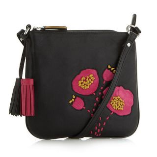The Collection Black leather applique poppy cross body bag