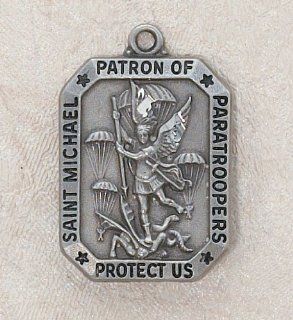 St. Michael the Archangel & Paratrooper Pewter Medal with Chain, Armed Forces, Us Military, Pewter    1" H. Michael the Archangel Is Known for Protection As Well As the Patron of Against Danger At Sea, Against Temptations, Ambulance Drivers, Artis