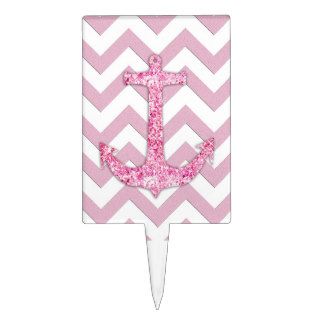 Glitter nautical anchor, chic pink chevron pattern rectangular cake pick