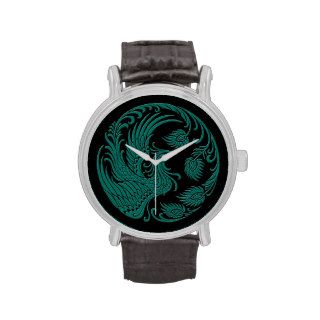 Traditional Teal Blue Phoenix Circle on Black Wristwatch