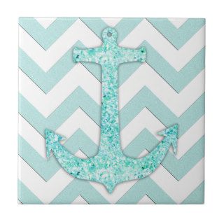 Aqua Glitter Nautical Anchor Teal chevron pattern Tiles