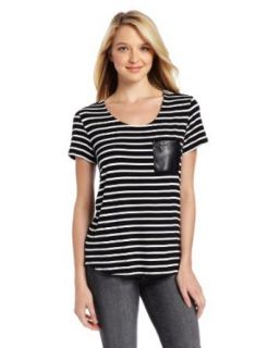 Chaus Women's Short Sleeve Stripe Scoop Neck Tee With Pleather Pckt, Rich Black, Small Fashion T Shirts
