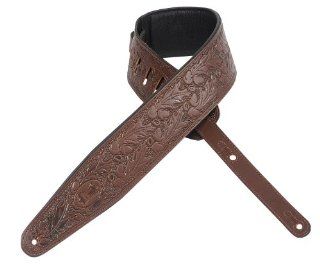 Levy's Leathers Guitar Strap PM44T01 BRN 3" carving leather guitar strap tooled with an acorn and oak leaves pattern, with foam padding and garment leather backing. Musical Instruments