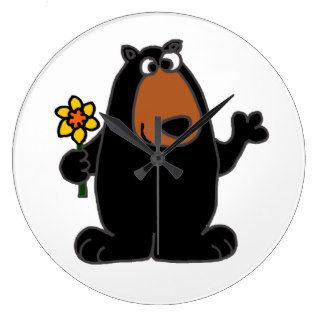 Cute Black Bear with Daffodil Cartoon Wallclocks