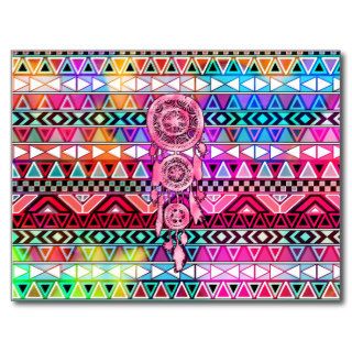 Hipster Pink Dreamcatcher Neon Andes Aztec Pattern Postcard