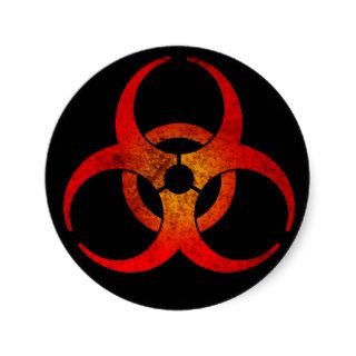 Distressed Red & Yellow Biohazard Symbol on Black Stickers