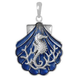 925 Sterling Silver Necklace Charm Pendant, Blue Enamel Shell With Seahors Million Charms Jewelry