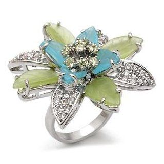 Size 6 Flower MultiColor Synthetic Stone Brass Rhodium Ring Jewelry