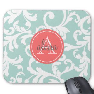 Mint and Coral Monogrammed Damask Print Mousepads