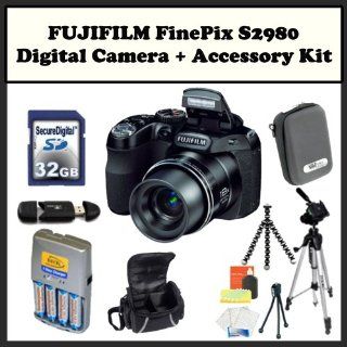 FUJIFILM FinePix S2980 + Accessory Kit. Includes 32GB Memory Card, Memory Card Reader, 4 AA Rechargeable Batteries, Gripster Tripod, LCD Screen Protectors, Cleaning Kit & Much More  Point And Shoot Digital Camera Bundles  Camera & Photo