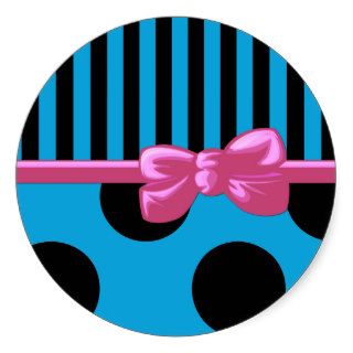 Polka Dots Stripes Ribbon Bow Blue Black Pink Round Sticker