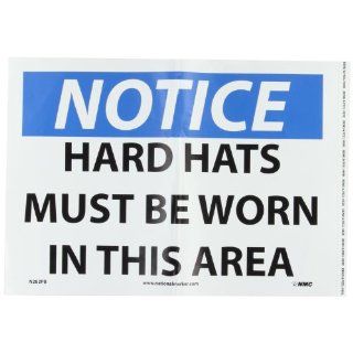 NMC N282PB OSHA Sign, Legend "NOTICE   HARD HATS MUST BE WORN IN THIS AREA", 14" Length x 10" Height, Pressure Sensitive Vinyl, Black/Blue on White Industrial Warning Signs