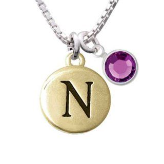 Capital Gold Letter   N   Pebble Disc   Charm Necklace with Amethyst Crystal Drop Pendant Necklaces Jewelry