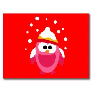 Owl Owls Bird Pink Snow Winter Hat Colorful Cute Postcards